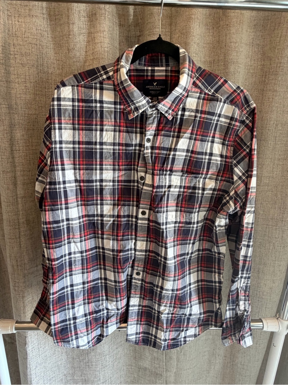 American Eagle Outfitters Red, Navy & White Plaid Button-Down Shirt